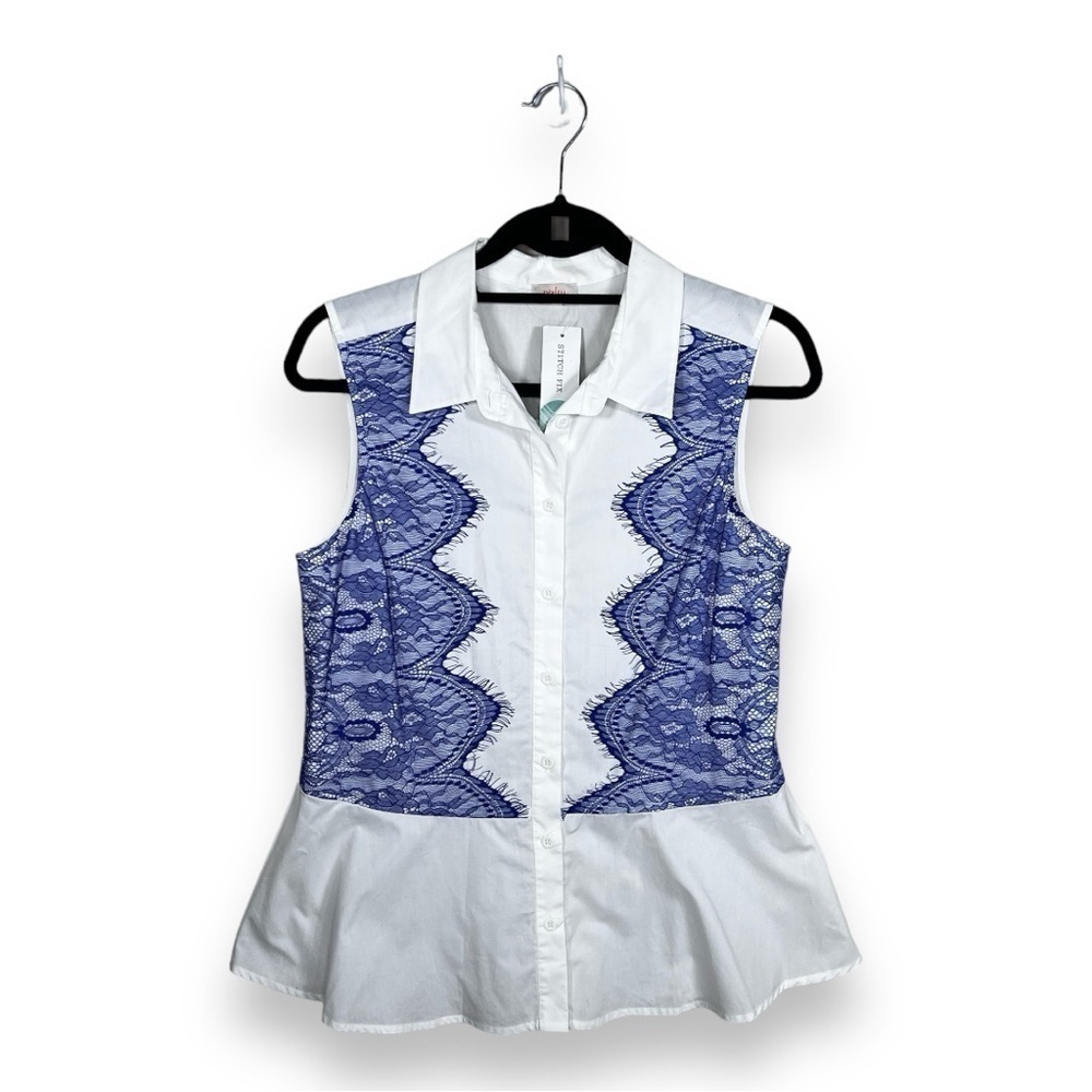 NEW PIXLEY MEDIUM BUTTON FRONT TOP WHITE BLUE LACE SLEEVELESS COTTON PEPLUM